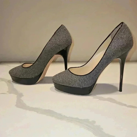 Jimmy Choo London Flannel Wool Patent Leather Platform Stiletto Heels Size 39 - Picture 5 of 10